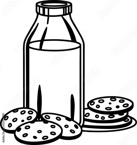 Outline illustration of cookies and a milk bottle snack concept with delicious treats