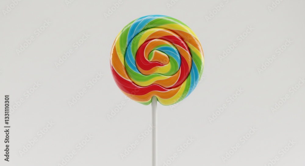 Vibrant rainbow swirl lollipop gleams brightly against a stark white background. AI Generated Vibrant rainbow swirl lollipop gleams brightly against a stark white background. AI Generated