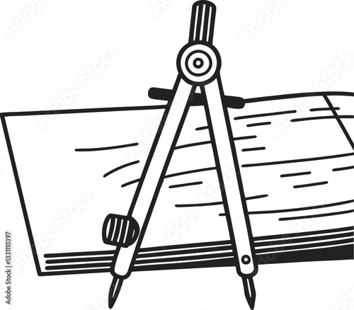 Architectural sketch with compass tool on paper design blueprint, engineering concept, black and white illustration