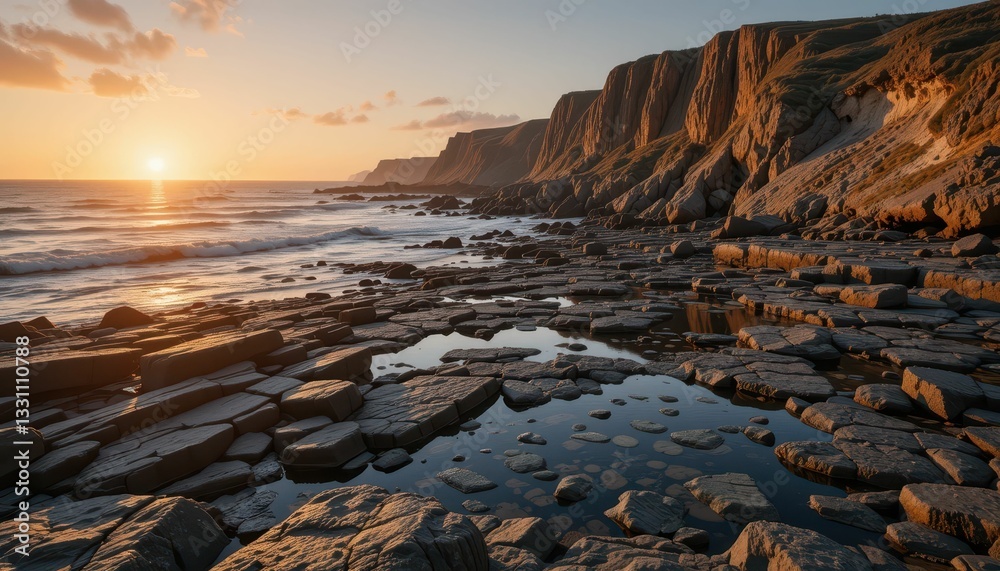 Obraz premium Serene Sunset Over Dramatic Cliffs and Rocky Shoreline Landscape