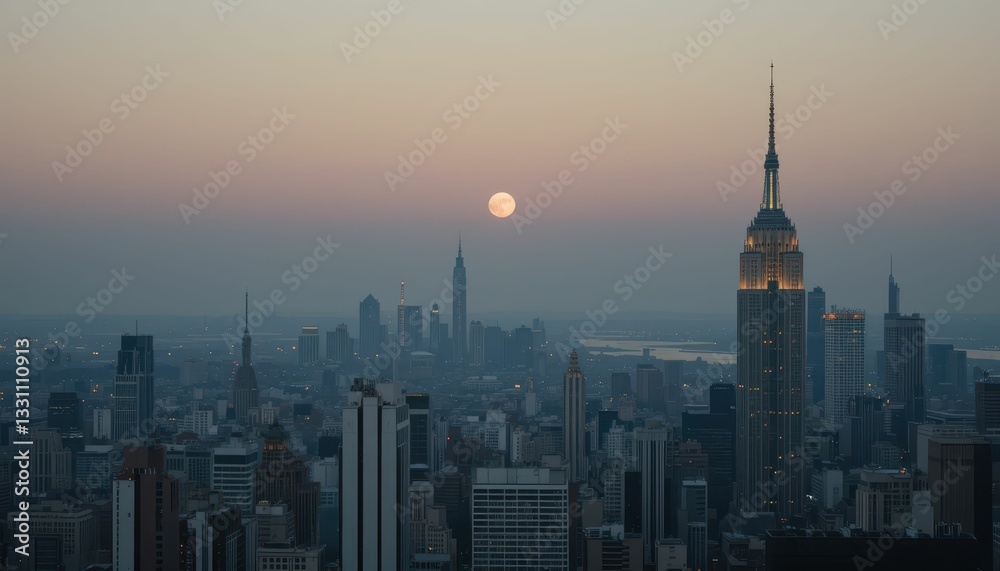 Naklejka premium New York City Skyline with Full Moon Over Urban Landscape at Dusk
