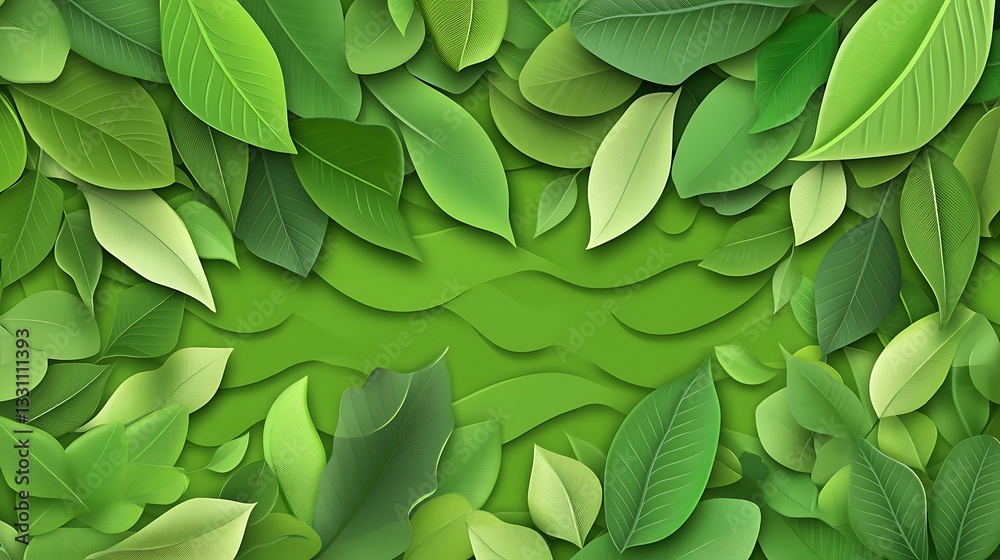 Obraz premium Vibrant Green Leaf Digital Illustration: Lush Foliage and Water Pattern AI Generated