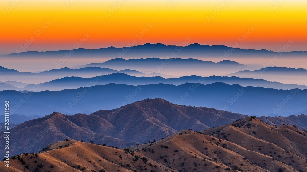 Naklejka premium Layered Blue Mountains at Sunset Panorama