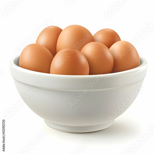 A clean white ceramic bowl filled with fresh, raw brown eggs, set against a pristine white background