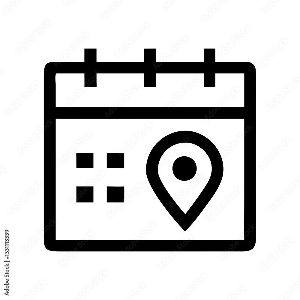 Black and White Calendar Icon with Location Pin – Event and Schedule Symbol Black and White Calendar Icon with Location Pin – Event and Schedule Symbol