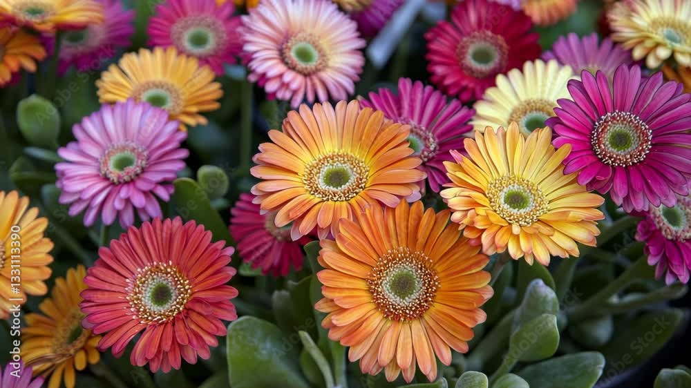 Vibrant display of colorful gerbera daisies blooming in a sunny garden setting during springtime Vibrant display of colorful gerbera daisies blooming in a sunny garden setting during springtime