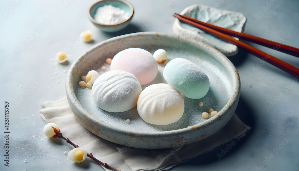 Fototapeta premium Traditional Japanese mochi rice cakes, dusted with starch, elegant and serene display