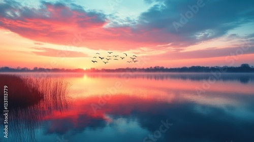 At twilight, a quiet lake with birds silhouetted in flight against the sky, reflecting the final rays of daylight in the water.