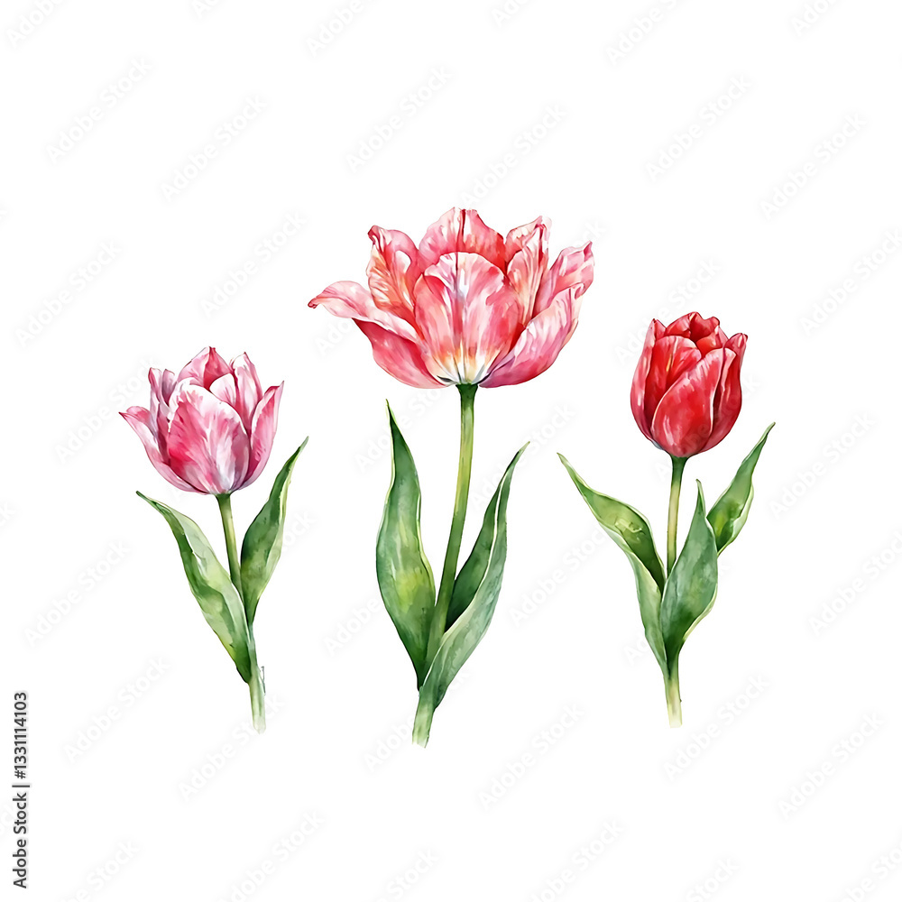 Tulips flowers set. Hand-painted pink tulips in watercolor style, elegant floral design with pink petals and green stems Tulips flowers set. Hand-painted pink tulips in watercolor style, elegant floral design with pink petals and green stems