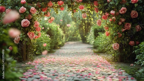 Fototapeta Naklejka Na Ścianę i Meble -  A beautiful rose covered garden pathway leads to a bright light