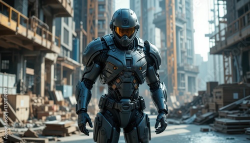 Futuristic Robot Warrior in Abandoned Urban Environment