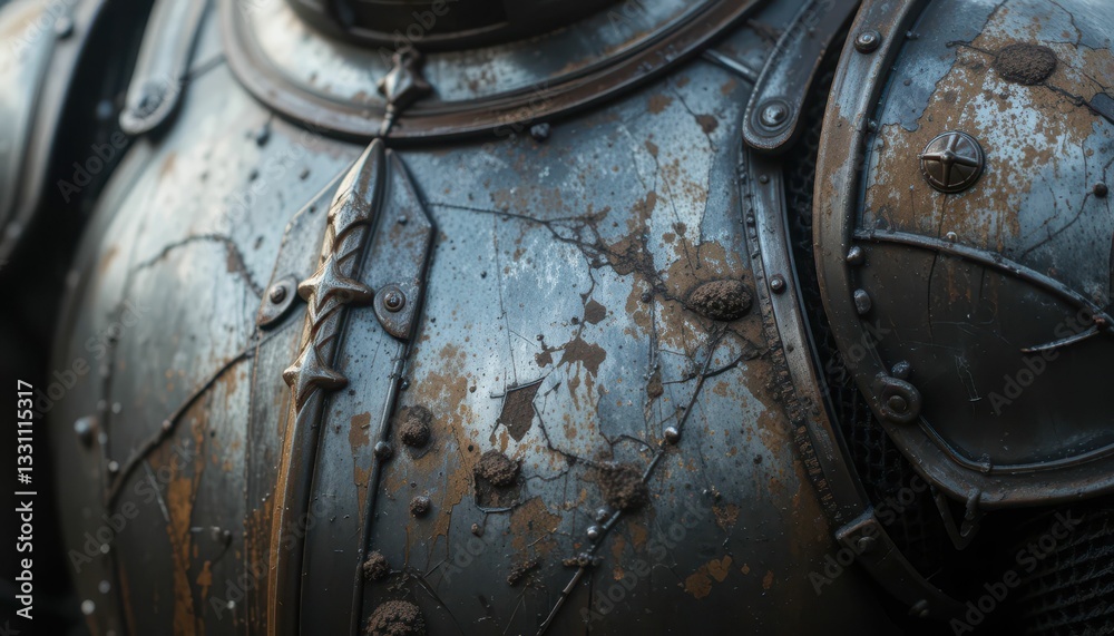Detailed Close-Up of Weathered Medieval Armor with Rust and Texture