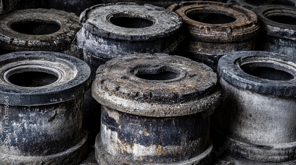 Weathered Industrial Drums Stacked in Abandoned Workshop Environment Weathered Industrial Drums Stacked in Abandoned Workshop Environment
