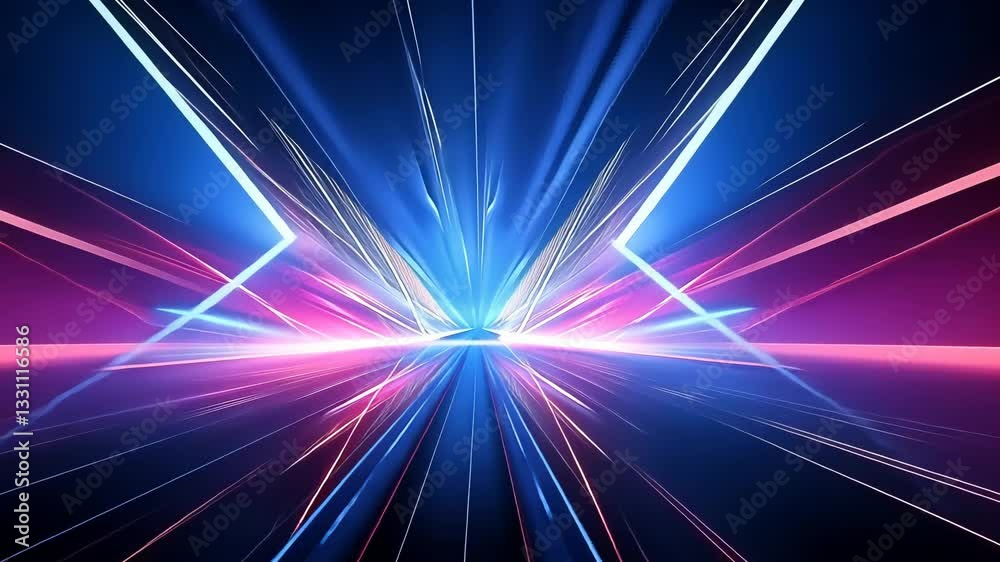 Futuristic, vibrant, digital tunnel with radiating light beams