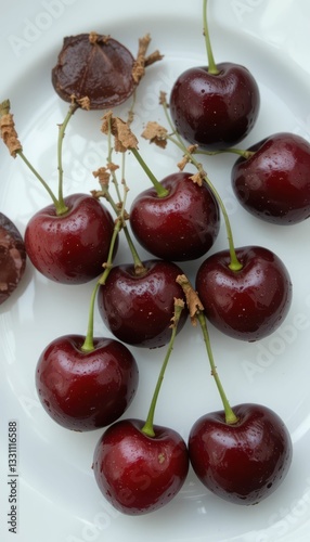 Fresh Red Cherries on White Plate with Raindrops and Green Stems