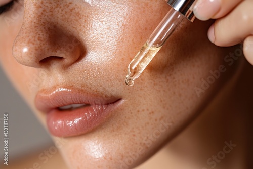 A close-up of a hand applying serum with a glass dropper to a cheek.