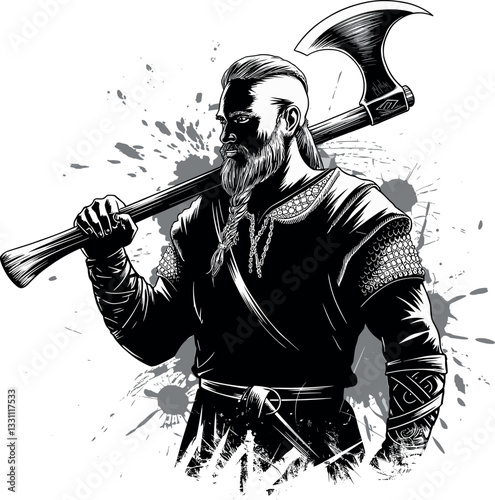 A sinister, muscular Scandinavian warrior with an axe stands proudly in profile with his back straight