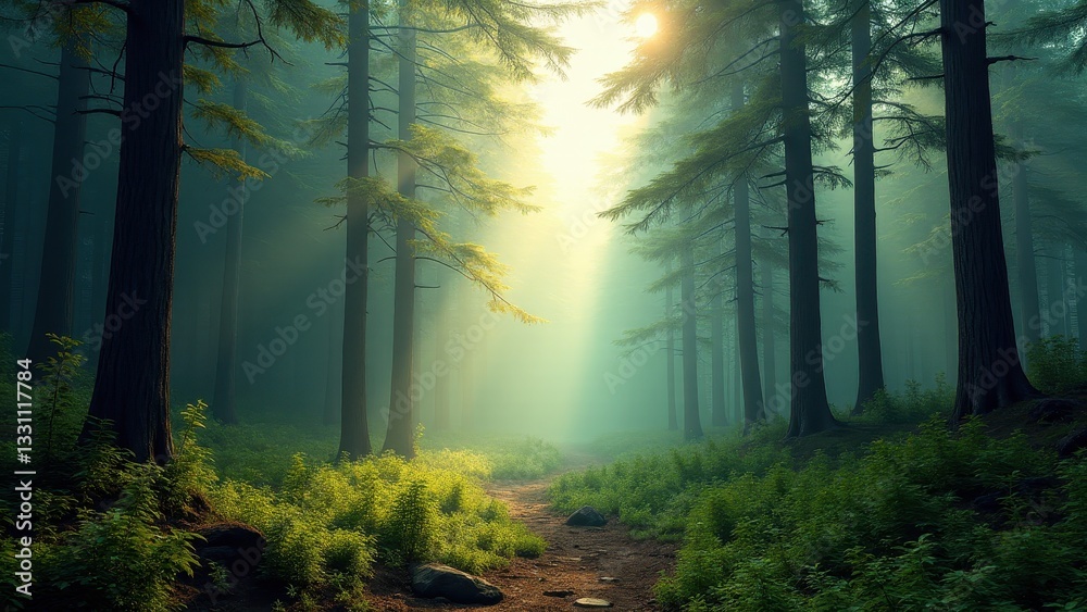 Obraz premium A myst forest with sunlight filtering through tall trees, creating a serene and ethereal atmosphere.