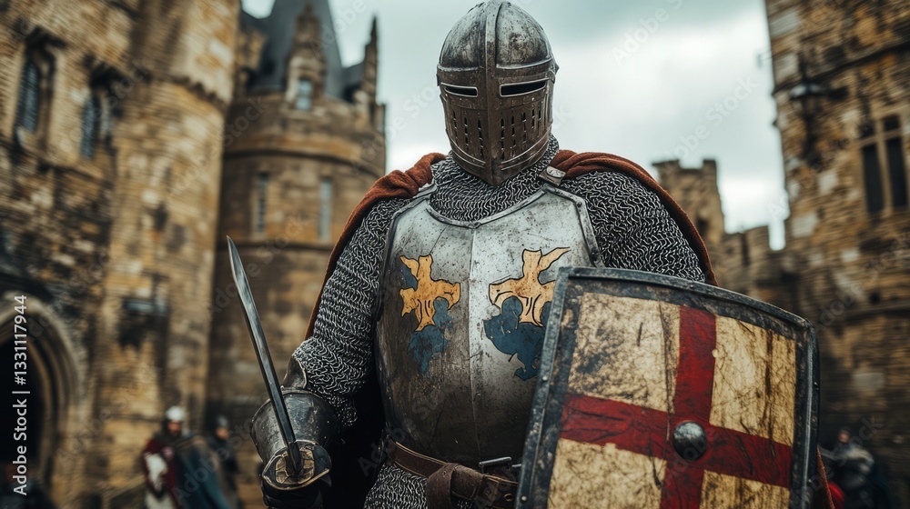 A medieval knight in full plate armor, holding a sword and shield, standing in a castle courtyard A medieval knight in full plate armor, holding a sword and shield, standing in a castle courtyard