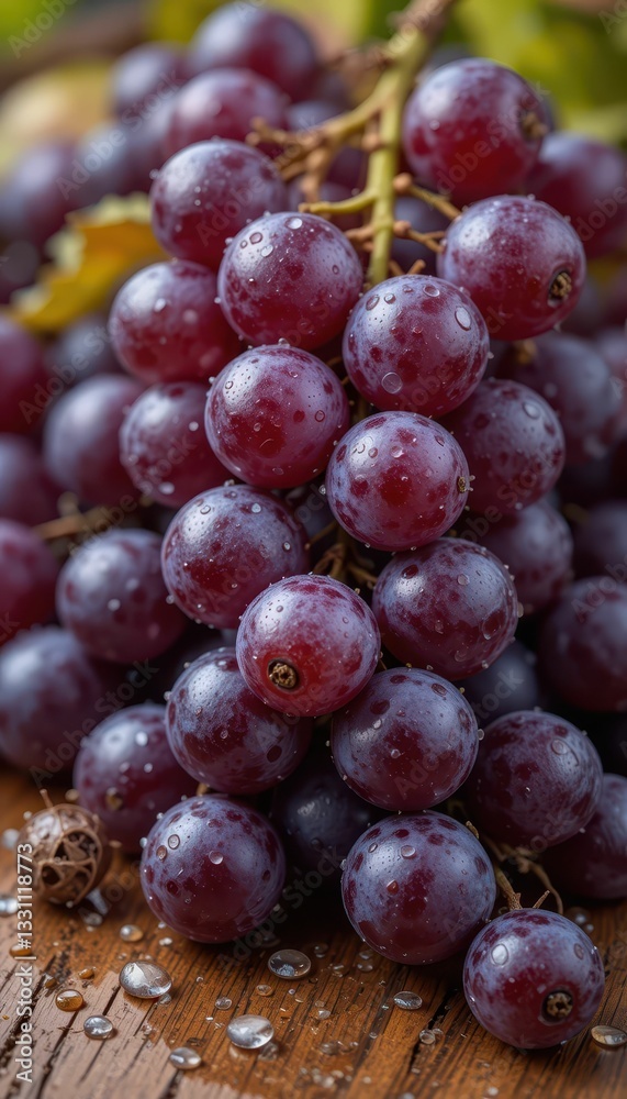Fresh Red Grapes with Water Drops on Wooden Surface Fresh Red Grapes with Water Drops on Wooden Surface