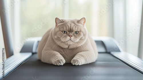 Feline Fitness: A portly domestic cat rests on a treadmill, embodying the humorous contrast of a pet in an unusual setting, blending lifestyle and pet culture