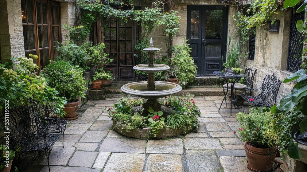 Obraz premium A tranquil stone courtyard features a tiered fountain and greenery