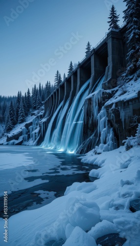 Majestic Winter Waterfall Cascading from Frozen Dam in Twilight