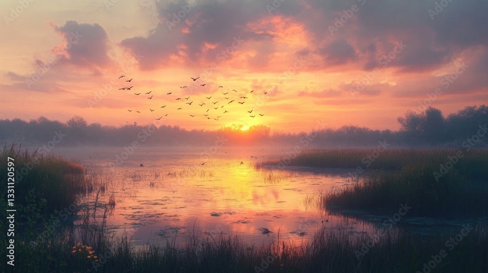 Fototapeta premium At sunset, birds fly low over a marshland, while the sky glows in pastel tones and the water reflects the evening light.