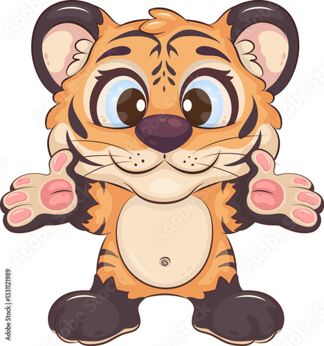 Cute cartoon tiger. Cute illustration of cartoon tiger with arms outstretched for hugs. Unique design, children's mascot.