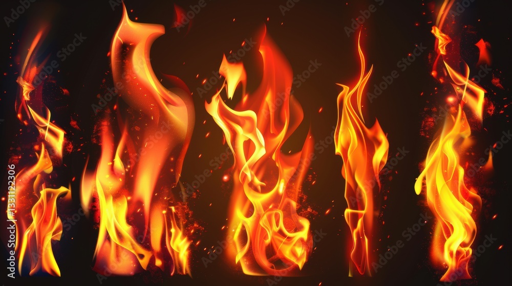 Vivid Set of Red - Orange Fire Flames Against a Crisp White Background Vivid Set of Red - Orange Fire Flames Against a Crisp White Background