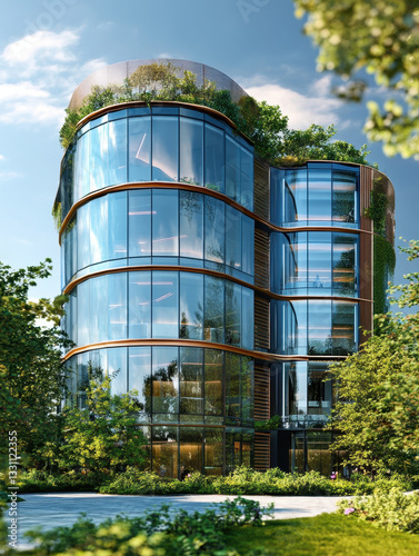 A unique-shaped office building with curved glass facades