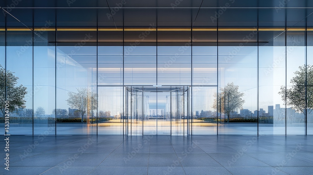 Fototapeta premium Glass facade minimalist with windows serving as points vanishing, emphasizing flow linear and depth.