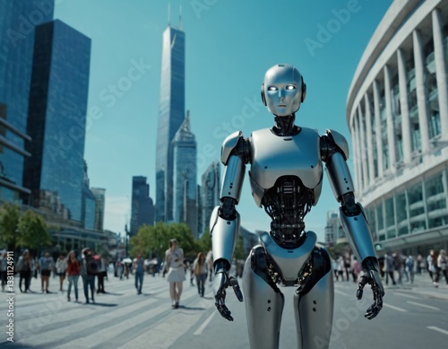 Futuristic AI technology integration in everyday life, showcasing smart devices, robots, and virtual assistants in modern homes or workplaces, with people interacting seamlessly with innovative, sleek