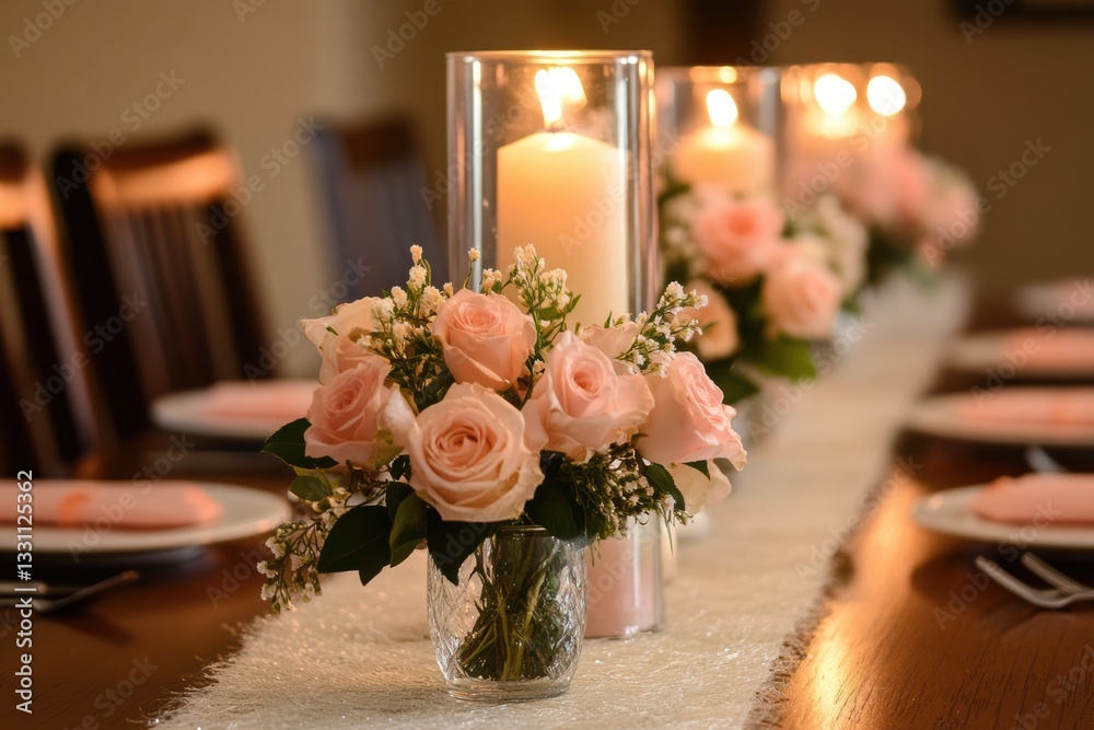 Obraz premium Candles glow beside pink flowers and white plates, creating an inviting Easter table setting.