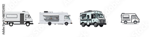 Mobile conversions RV, food truck, ambulance, and cargo van illustrations against white background isolated on white or transparent