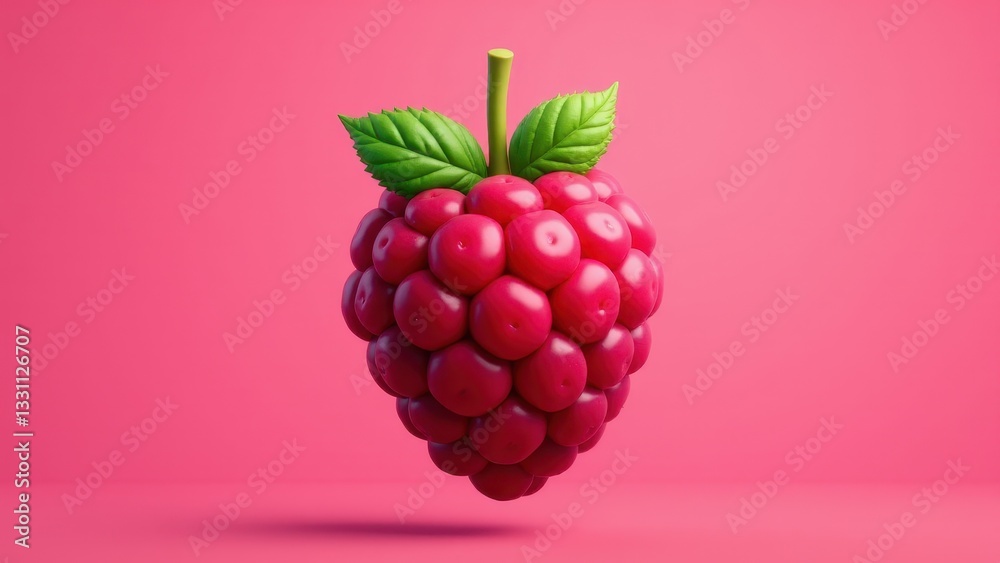 A vibrant raspberry emoji with detailed leaves on a pink background.