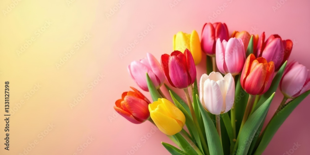 A vibrant bouquet of colorful tulips, showcasing a delightful array of pink, red, yellow, and white blossoms, arranged artfully against a soft, pastel backdrop. A vibrant bouquet of colorful tulips, showcasing a delightful array of pink, red, yellow, and white blossoms, arranged artfully against a soft, pastel backdrop.