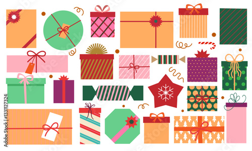 colorful christmas gift box background modern mid century clip art present boxes red green pink gold colors different clipart