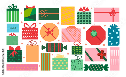 colorful christmas gift box background modern mid century clip art present boxes red green pink gold colors different clipart