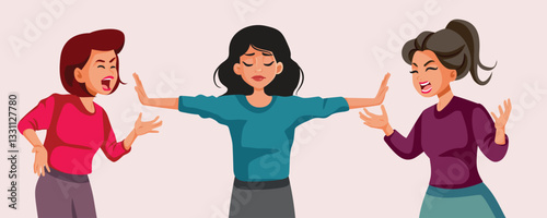 Woman Mediating a Conflict Between Two Female Friends Vector Illustration. Counselor stooping a dialogue made in spite and frustration trying mediation