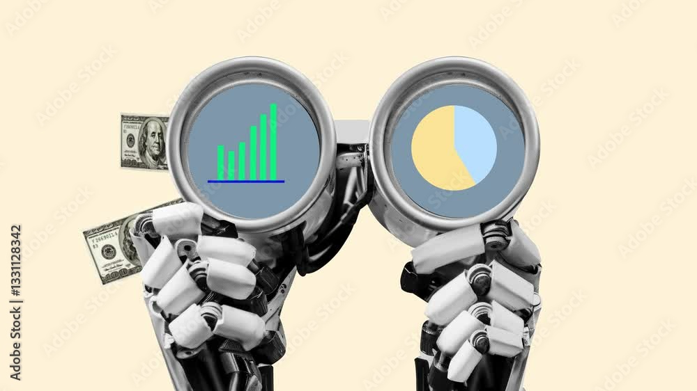 Funny animation of robotic hands holding binoculars with financial graphs and money floating in the air. Halftone pattern of machine hand looking at increasing chart from binoculars. Chart. Budgetary. Funny animation of robotic hands holding binoculars with financial graphs and money floating in the air. Halftone pattern of machine hand looking at increasing chart from binoculars. Chart. Budgetary.