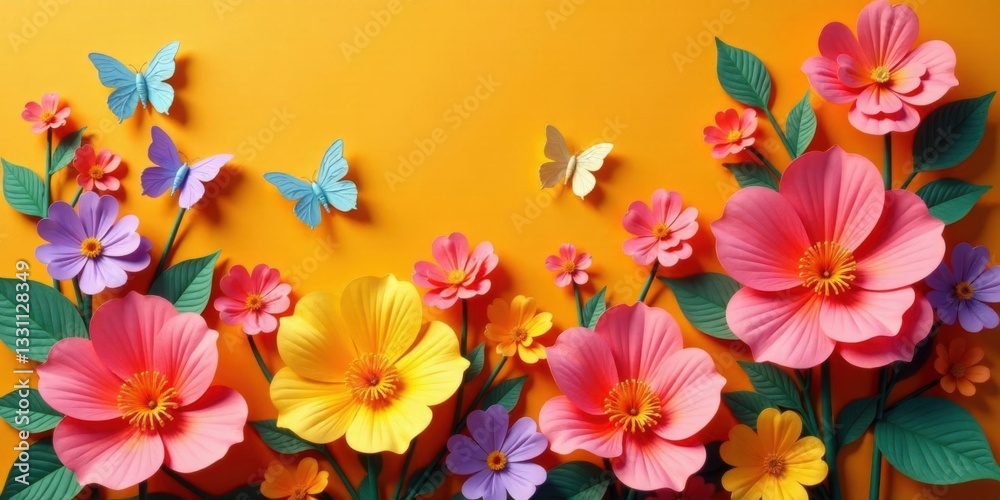Vibrant Paper Flower Arrangement with Delicate Butterflies on a Sunny Yellow Background Vibrant Paper Flower Arrangement with Delicate Butterflies on a Sunny Yellow Background