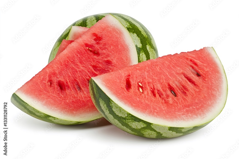 Sliced watermelon showing its red pulp and seeds on white background Sliced watermelon showing its red pulp and seeds on white background