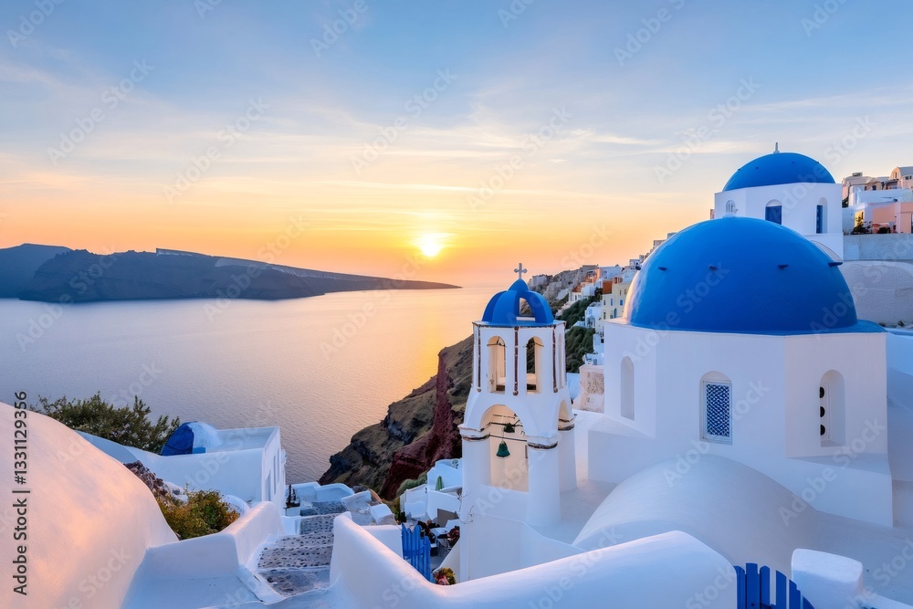 Fototapeta premium Charming whitewashed church with blue domes overlooking the Aegean Sea at sunset in Oia, Santorini, Greece