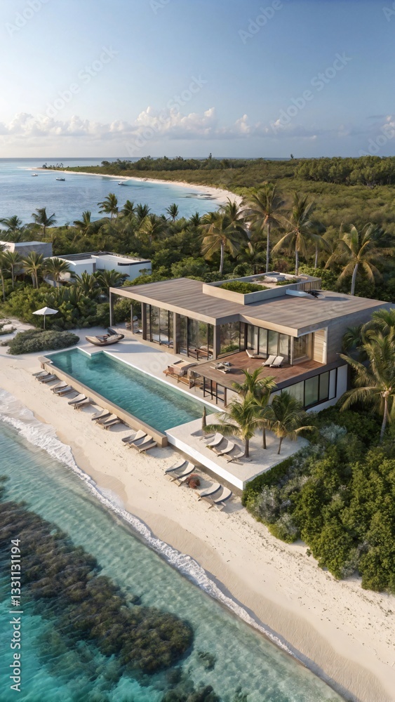 Fototapeta premium Luxury Island Resort with Villas and Lagoon View - Tropical Paradise and Exclusive Getaway