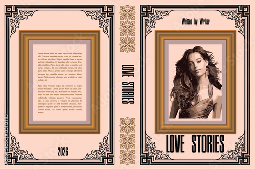 013-15-Book cover design for love stories featuring a woman portrait in a sophisticated frame, combining classic and modern elements