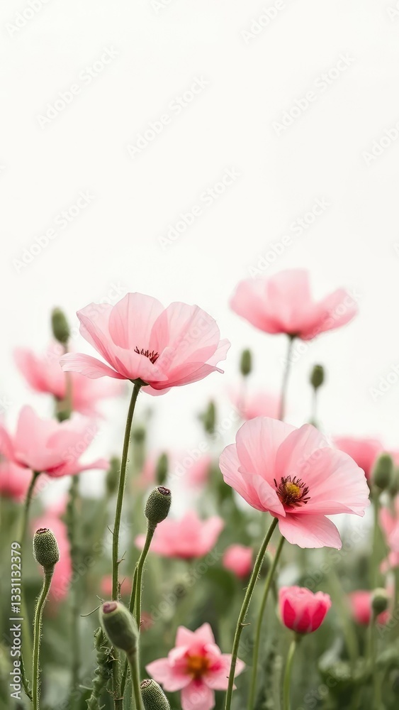 Delicate poppy blooms in pastel hues against a crisp white backdrop, nature, leaves, field Delicate poppy blooms in pastel hues against a crisp white backdrop, nature, leaves, field