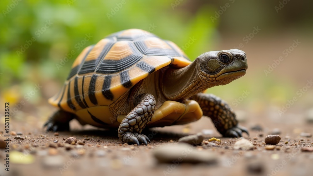 A small tortoise with a beautifully patterned shell is walking on a dirt path surrounded by small pebbles and blurred greenery in the background. A small tortoise with a beautifully patterned shell is walking on a dirt path surrounded by small pebbles and blurred greenery in the background.