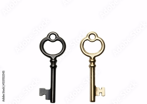 Pair of vintage skeleton keys with black and brass finish and ornate circular bow handles for decorative use.