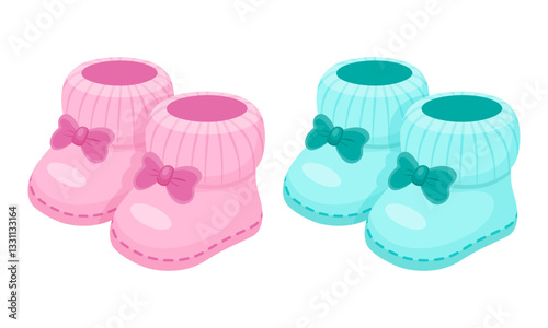 Pink and blue baby booties with bows. Cute, gender neutral illustration. Perfect for baby shower designs, announcements, or nursery decor.